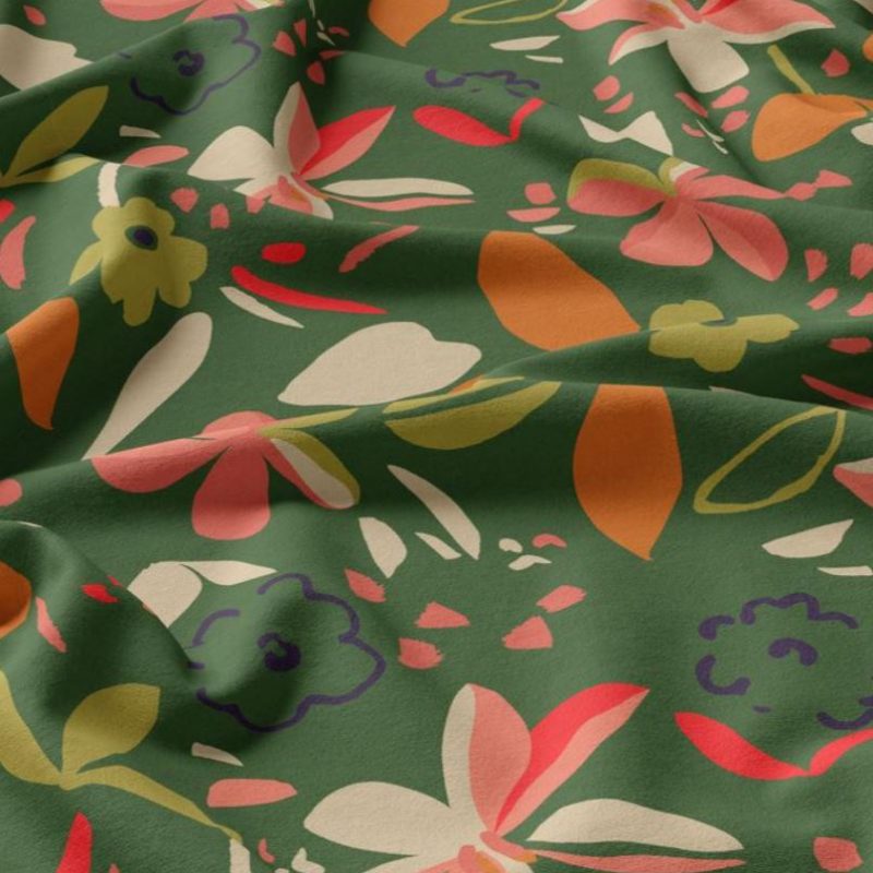 Viscose verte fleurs corail et blanches