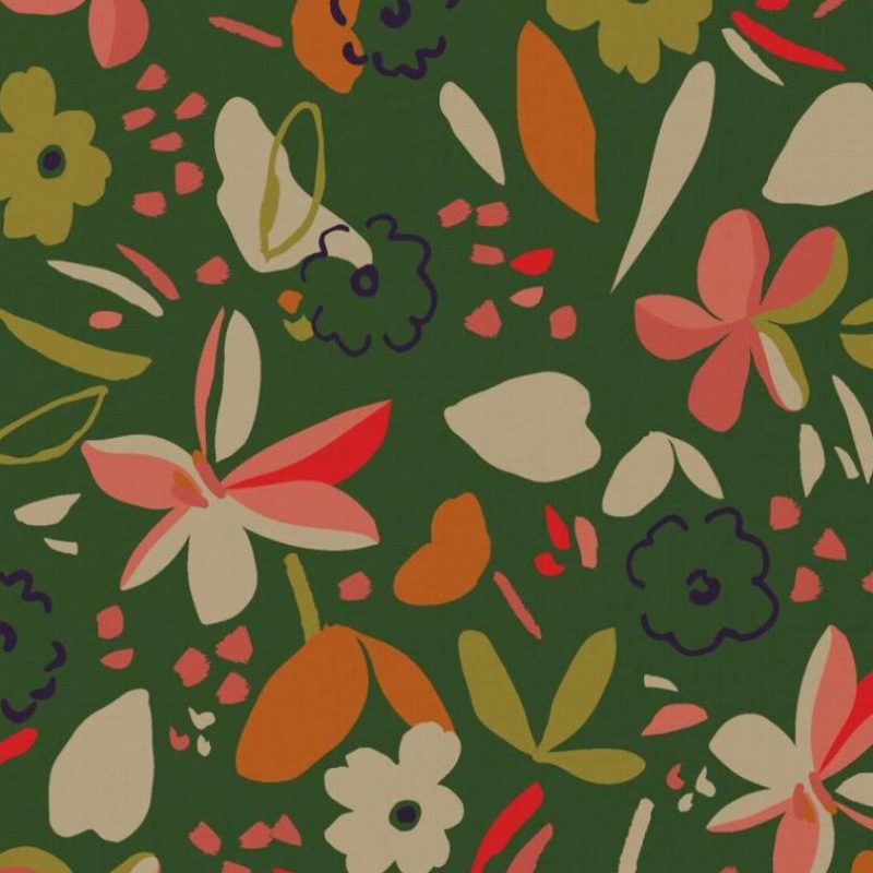 Viscose verte fleurs corail et blanches