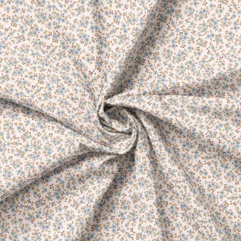 Popeline écrue à petites fleurs bleues