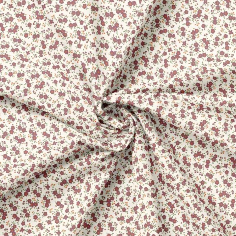 Popeline écrue à petites fleurs bordeau