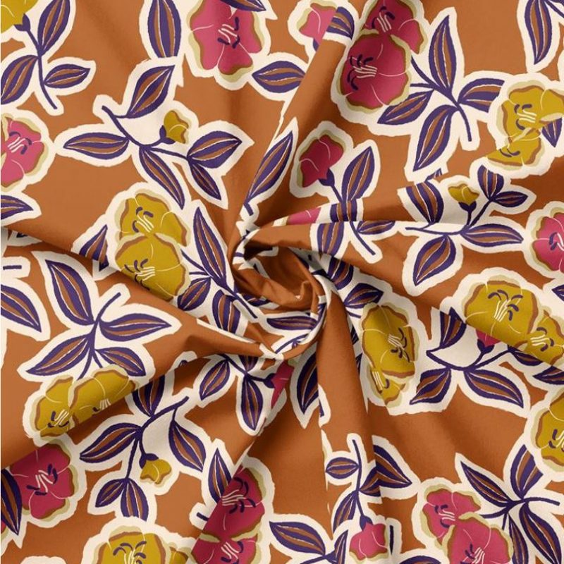 Popeline marron motif fleurs automnales