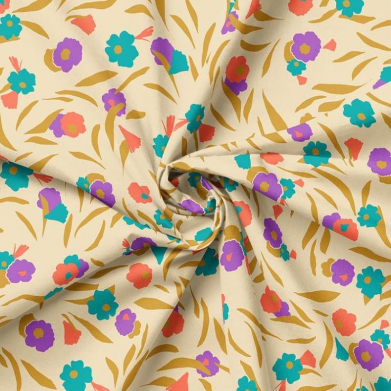 Popeline beige à fleurs multicolores
