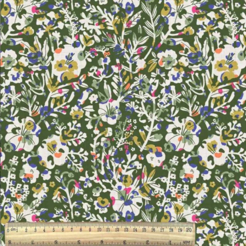 Viscose verte avec fleurs de champs