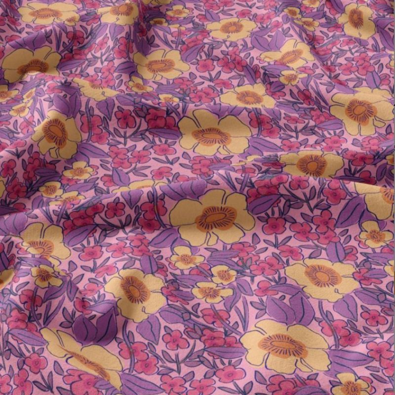 Viscose rose à fleurs violettes et jaunes