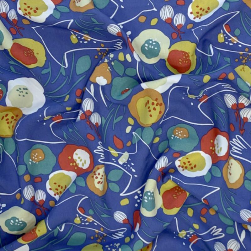 Viscose bleue à motif abstrait floral