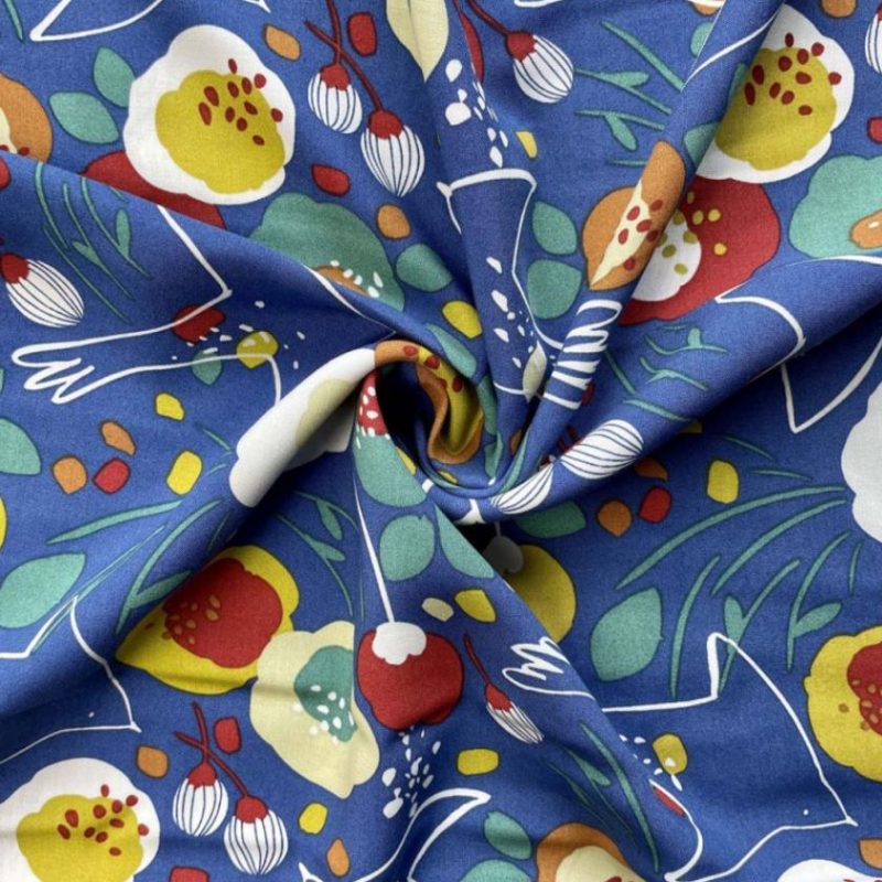 Viscose bleue à motif abstrait floral