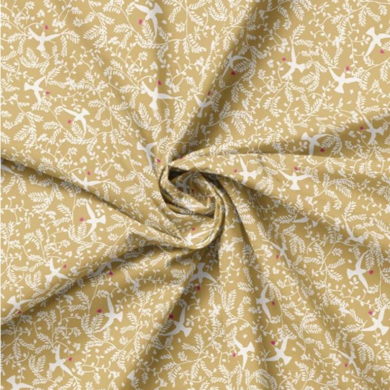 Popeline ocre motif oiseaux
