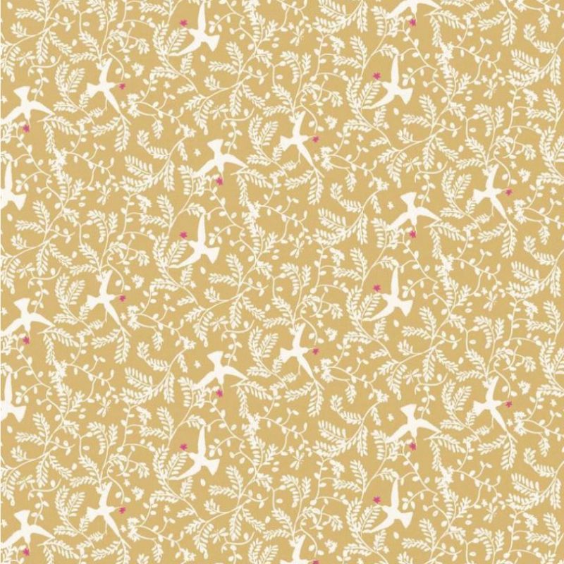 Popeline ocre motif oiseaux