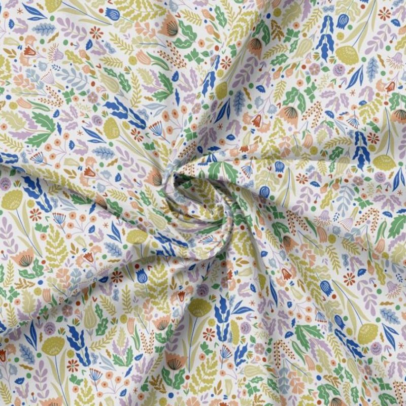 Popeline écrue à fleurs multicolores