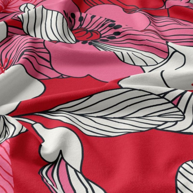 Viscose à fleurs blanches et roses sur fond rouge