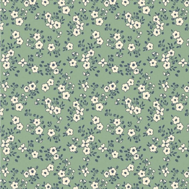 Popeline verte à fleurs blanches