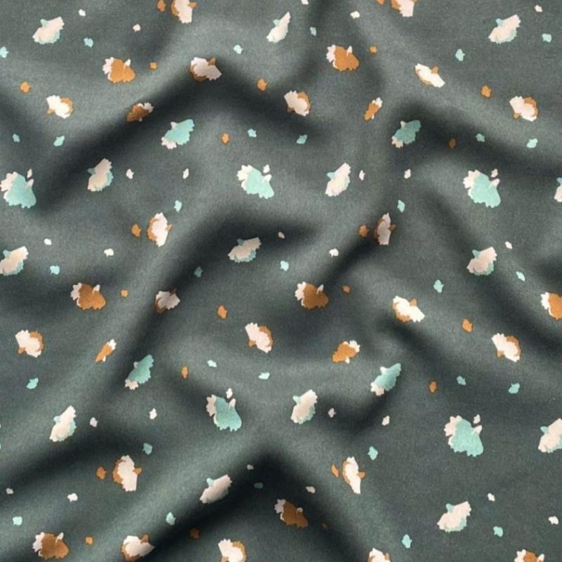 Viscose kaki à motifs blancs et ocres