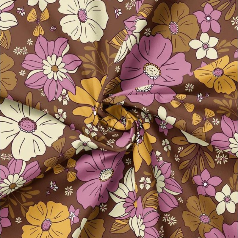 Popeline marron à fleurs violettes